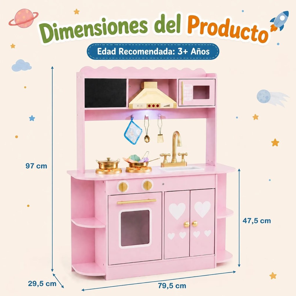 Cozinha Infantil de Brincar, 79,5 x 29,5 x 97 cm, com Exaustor e Quadro para Desenhar, Cor-de-rosa