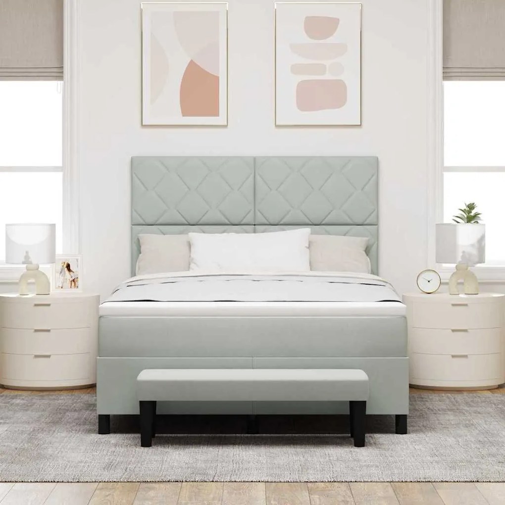 Cama Box Spring com Colchão &amp; Banco Cinza Claro 140x200 cm Veludo