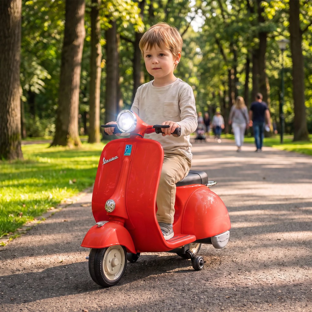 Mota Elétrica Infantil VESPA 6V com Arranque Suave, Rodas de Apoio, Luz, Música e USB - Vermelho