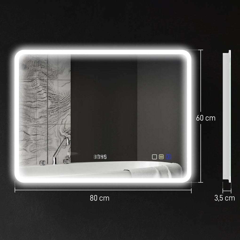 Espelho de Casa de Banho com Luz LED 80x60 cm Bluetooth 3 Cores de Luz Relógio Digital Função Antiembaciamento Função de Memória Prata
