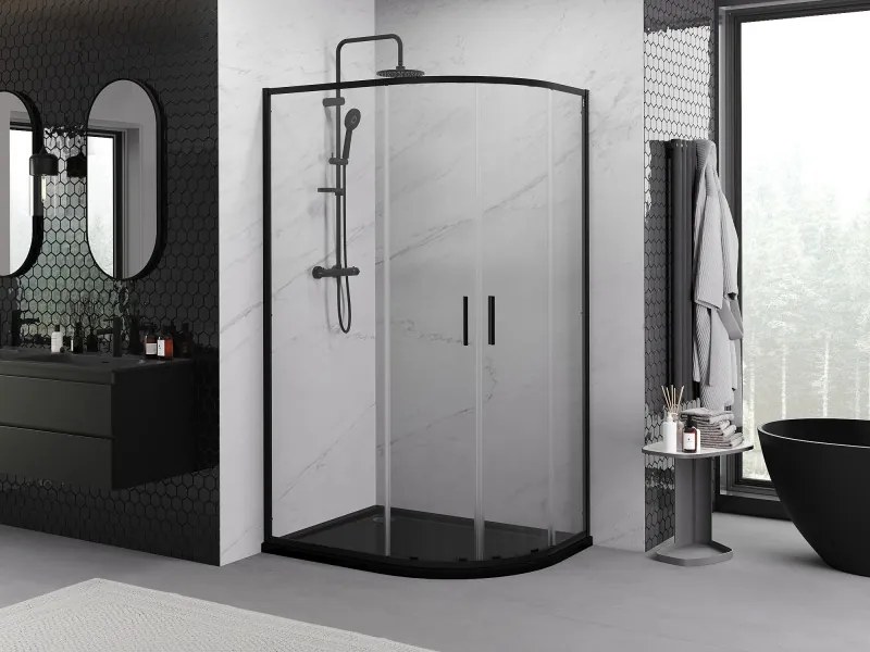 Mexen Exo-S Duo cabine de duche semicircular assimétrica de correr 90 x 80 cm, transparente, preta - 8132-090-080-70-00