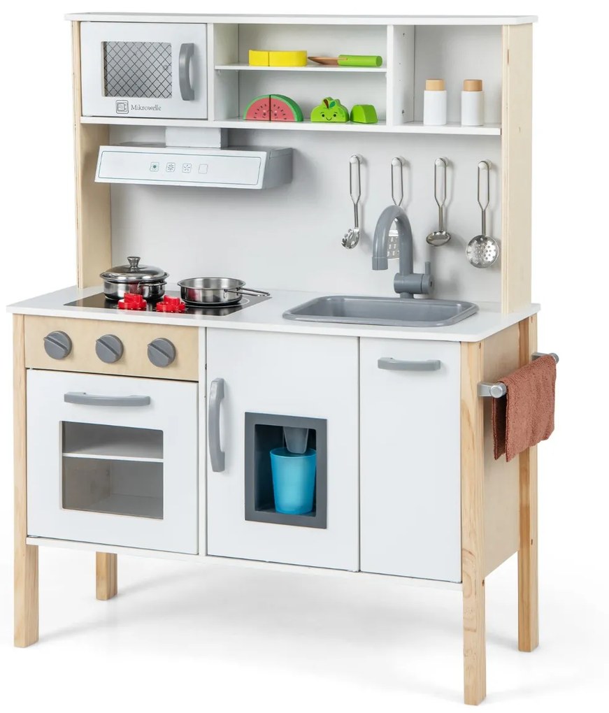 Cozinha de brincar para crianças em madeira com micro-ondas, exaustor, fogão, lava-loiça, máquina de gelo e 18 acessórios Branco