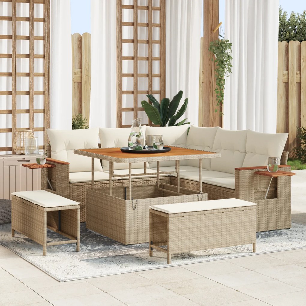 Conjunto de Sofá de Jardim vidaXL de 8 Peças com Almofadas Bege Rattan de Polipropileno