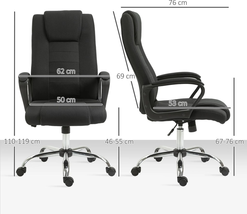 Cadeira de escritório com rodas, cadeira de direção ergonómica giratória com altura ajustável, linho preto