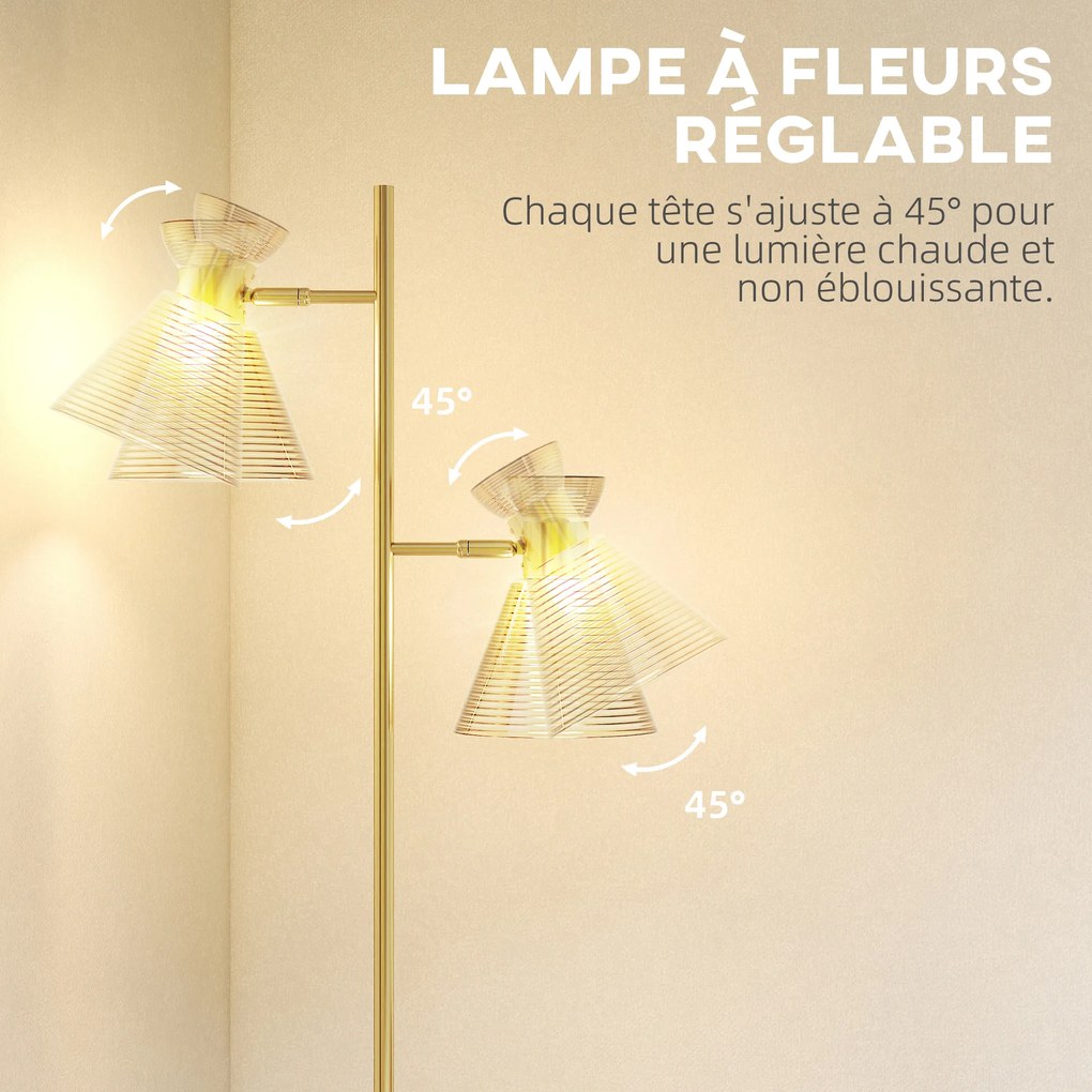 Candeeiro de pé para sala de estar com duas luzes ajustáveis 42 x 25 x 165 cm, candeeiro de pé, abajur de vidro com motivos florais, dourado