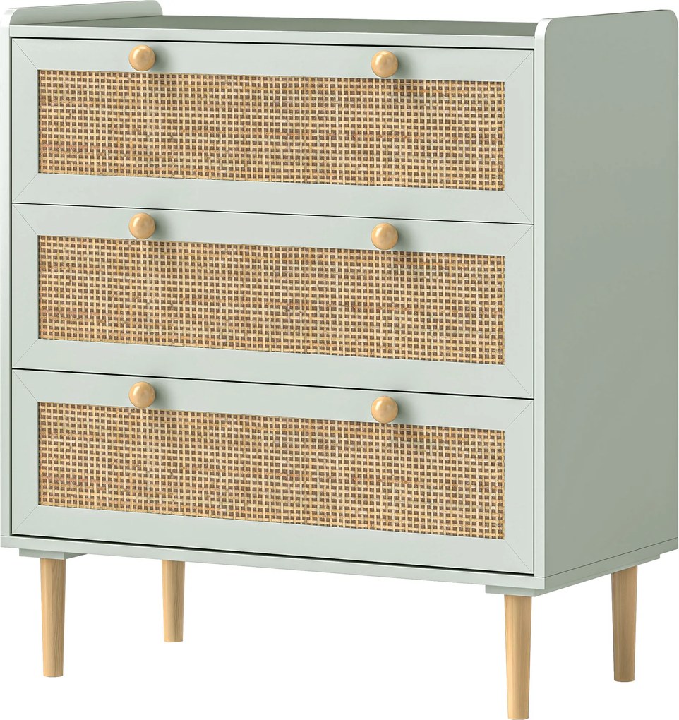 Cómoda de design boémio em vime com 3 gavetas 80C x 40L x 87,5A cm, móvel de arrumação para a sala de estar, o corredor ou a entrada, verde-oliva