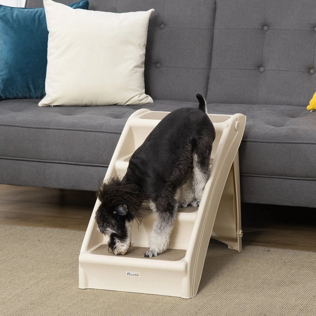 PawHut Escada Dobrável para Animais de Estimação de 4 Degraus para Cães Gatos Portátil com Tapetes Antiderrapantes para Cama Sofá Carga 20kg 67x38x49,5cm Bege