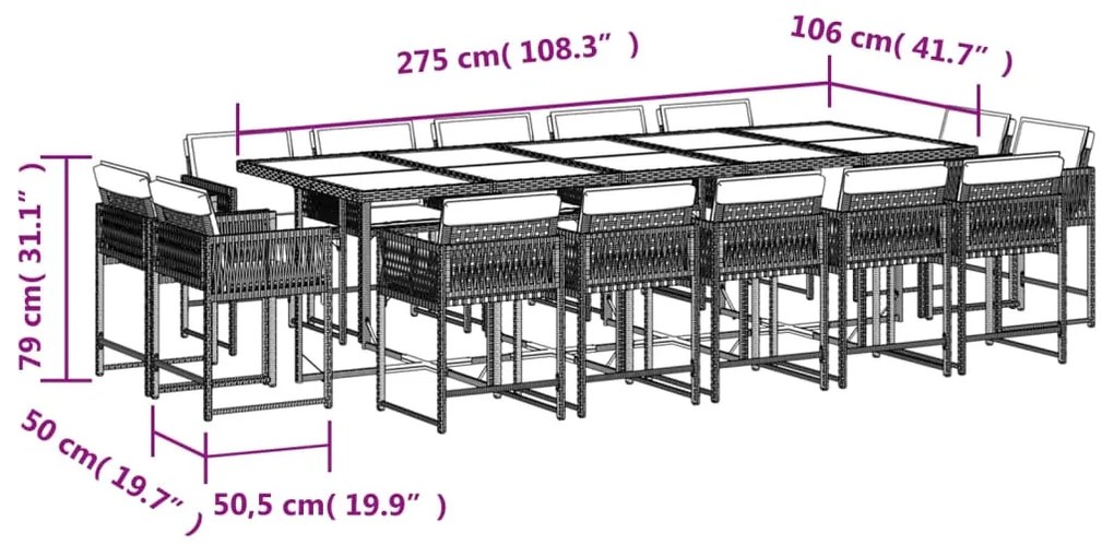 15 pcs conjunto de jantar p/ jardim com almofadões vime PE bege