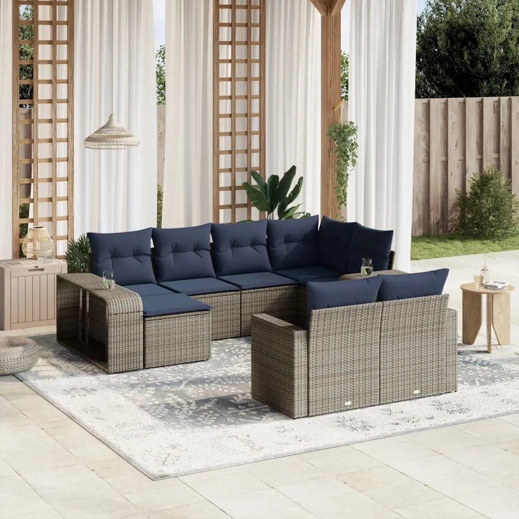 vidaXL 10 pcs conjunto sofás p/ jardim c/ almofadões vime PE cinzento