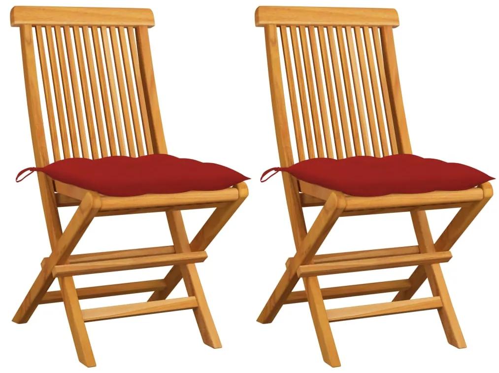 3062481 vidaXL Cadeiras de jardim c/ almofadões vermelhos 2 pcs teca maciça
