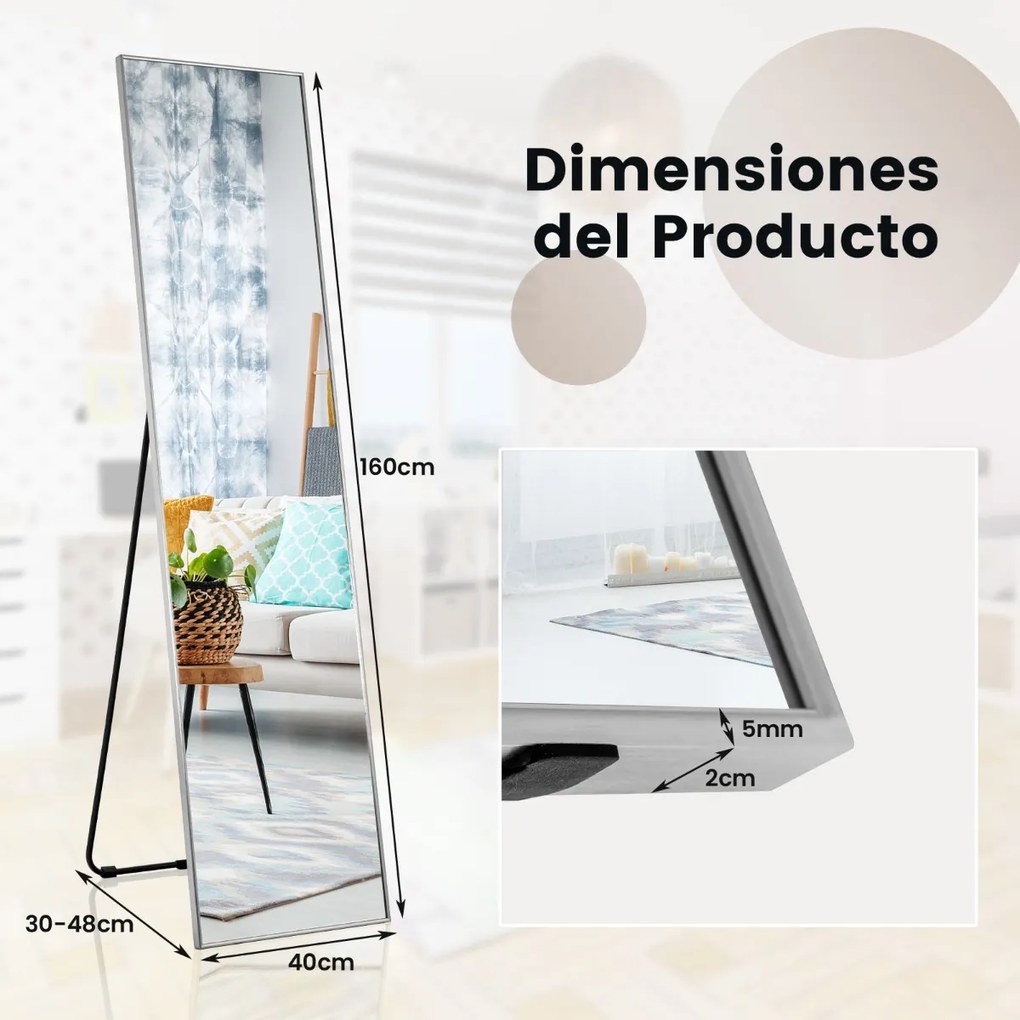 Espelho retangular 160x40cm em pé ou espelho de parede com moldura de liga de alumínio de vidro inquebrável para corredor do quarto Prateado