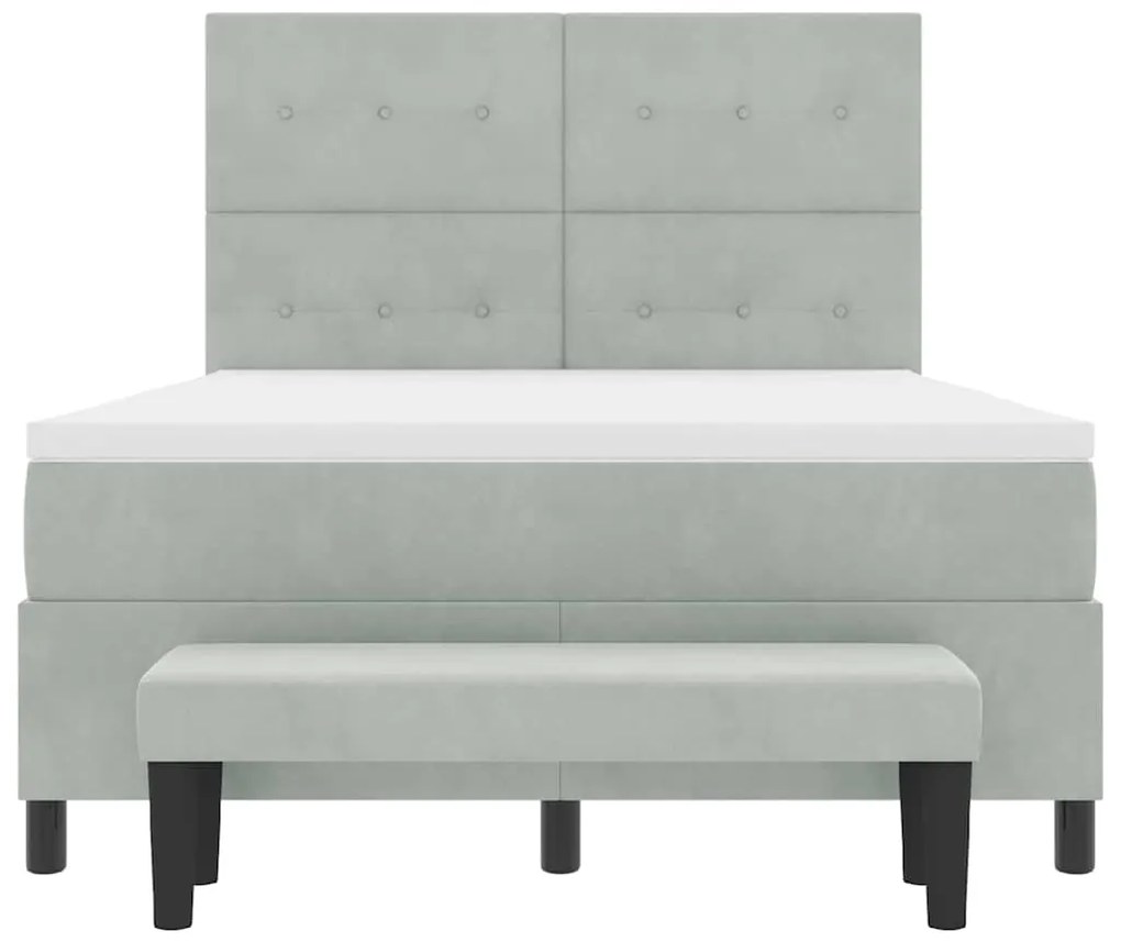 Cama Box Spring com Colchão &amp; Banco Cinza Claro 140x190 cm Veludo