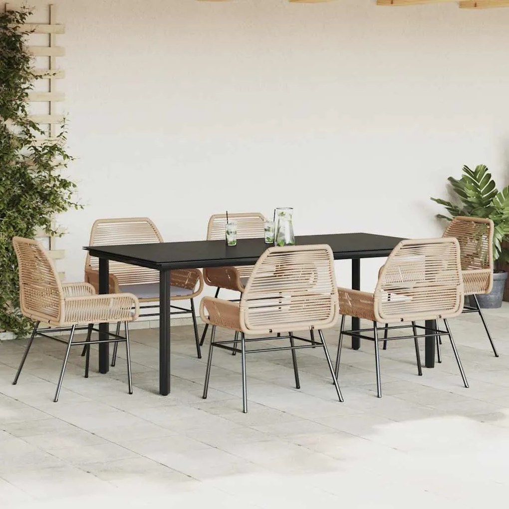 Conjunto jantar jardim 7 peças almofadas vidro vime PE castanho