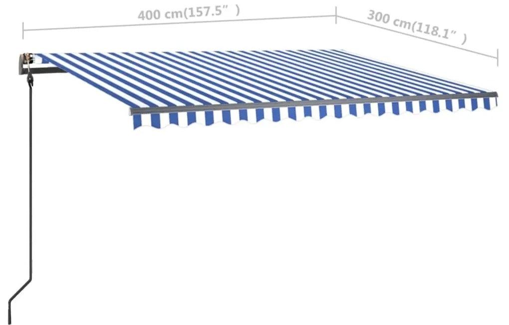 Toldo retrátil manual com postes 4x3 m azul e branco