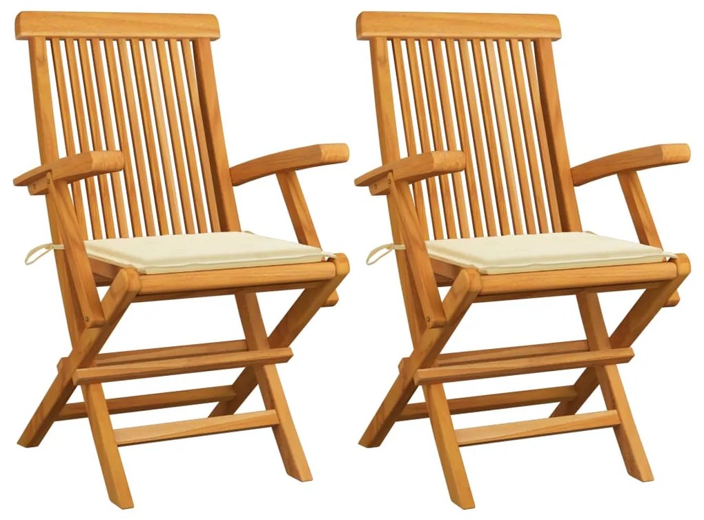 3062489 vidaXL Cadeiras de jardim c/ almofadões creme 2 pcs teca maciça