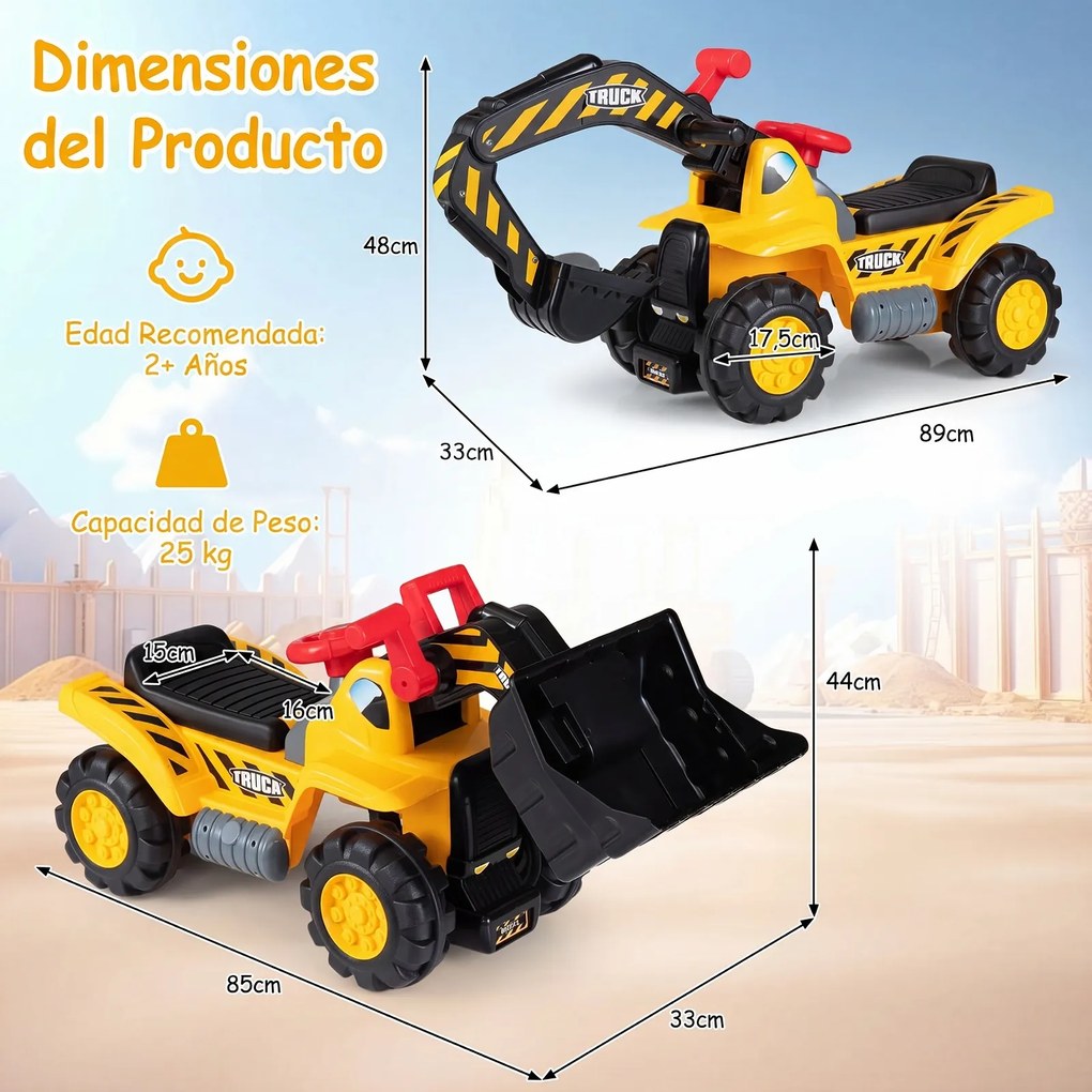 Andador Infantil de Construção 3 em 1, 85 x 33 x 44 cm, com Efeitos Sonoros, Amarelo