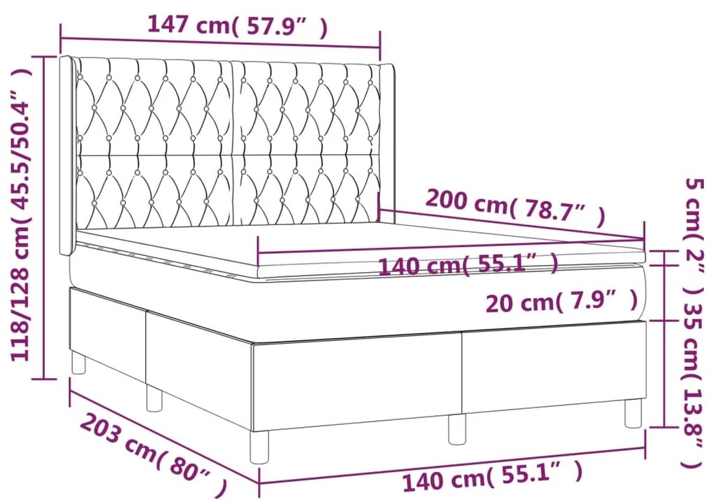 Cama box spring c/ colchão/LED 140x200cm tecido castanho-escuro