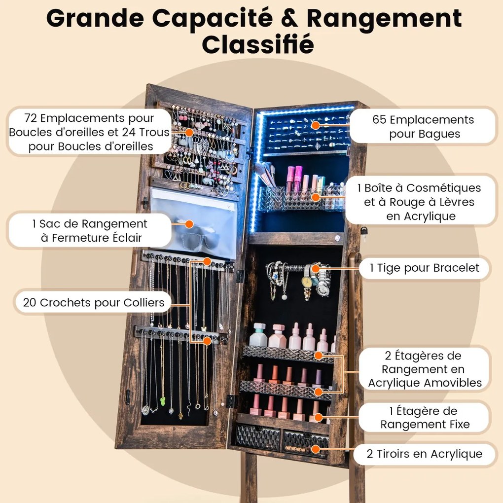 Armário para joias com espelho e iluminação LED de 3 cores, prateleira para joias, branco