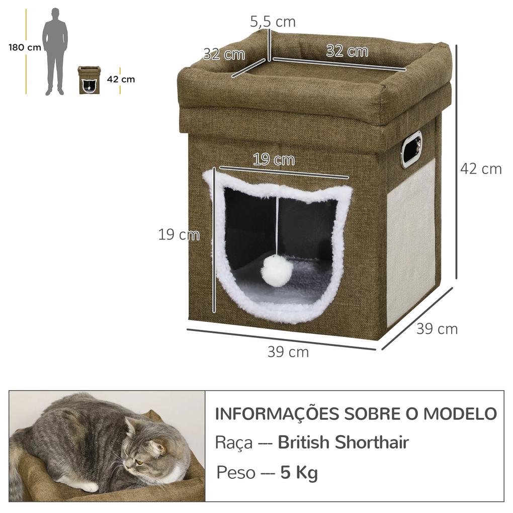 Casa para Gatos com Cama Superior Arranhador Almofada Suave e Bola Suspensa 39x39x42 cm Castanho