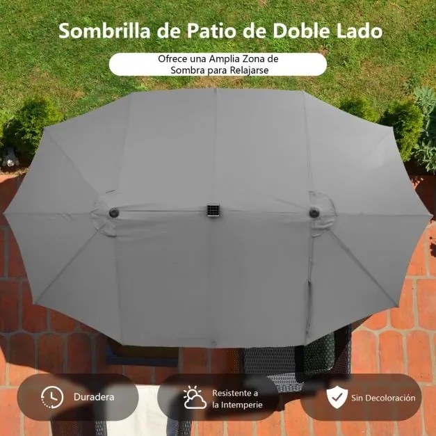 Guarda-sol Jardim dupla face de 470 cm com 48 luzes LED Painel solar de carregamento automático Sistema de manivela Cinzento