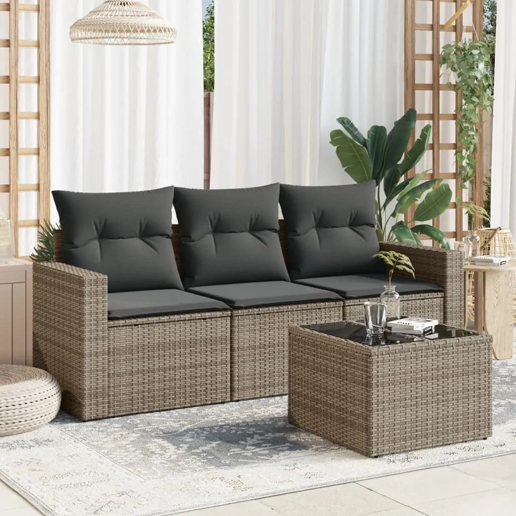 4 pcs conjunto sofás de jardim c/ almofadões vime PE cinzento
