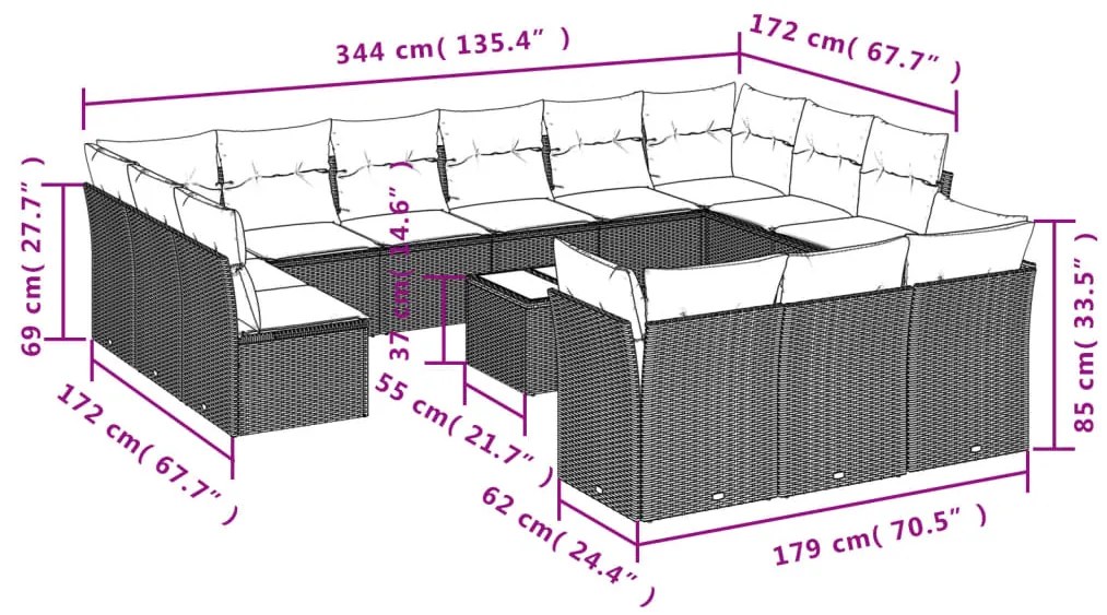 14 pcs conjunto sofás p/ jardim c/ almofadões vime PE castanho