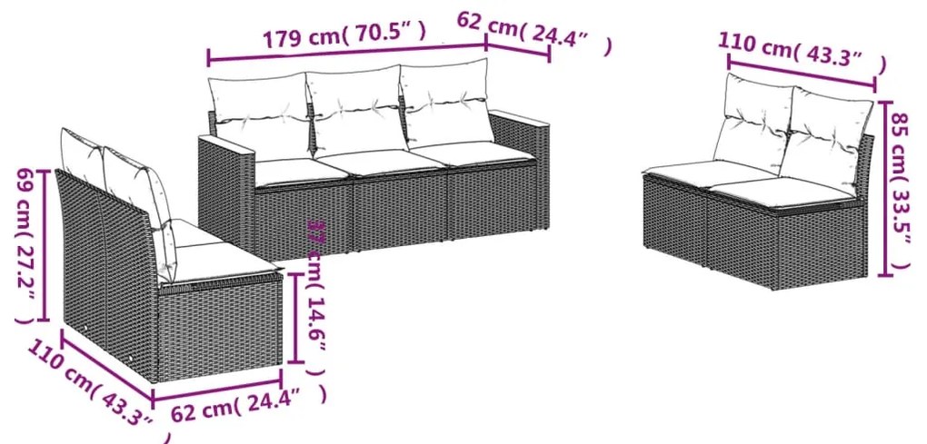 7 pcs conjunto de sofás p/ jardim com almofadões vime PE bege