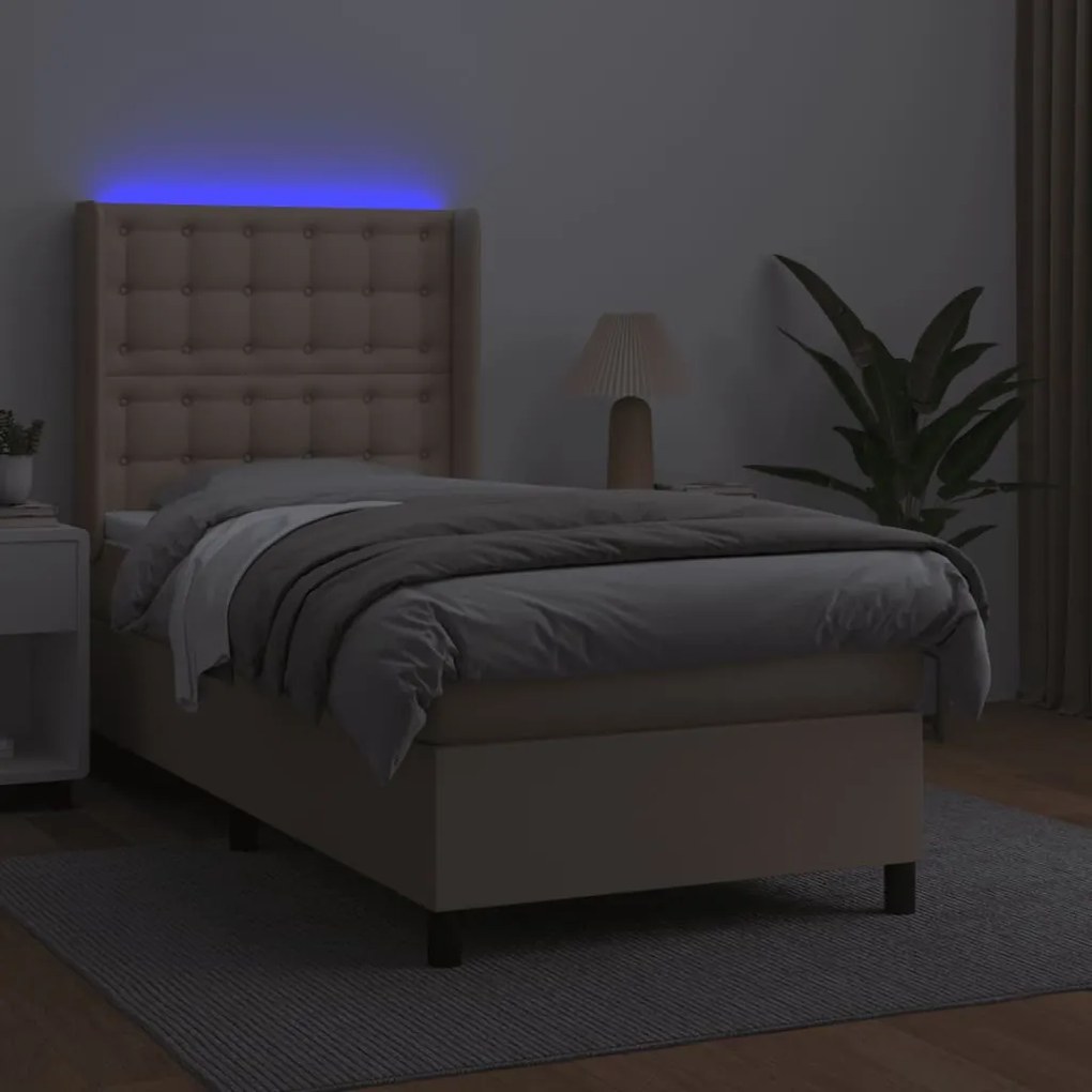 Cama box spring c/colchão/LED 100x200cm couro artif. cappuccino