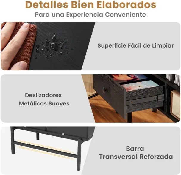 Suporte grande para gira-discos e discos de vinil de meados do século com compartimentos abertos para álbuns Preto
