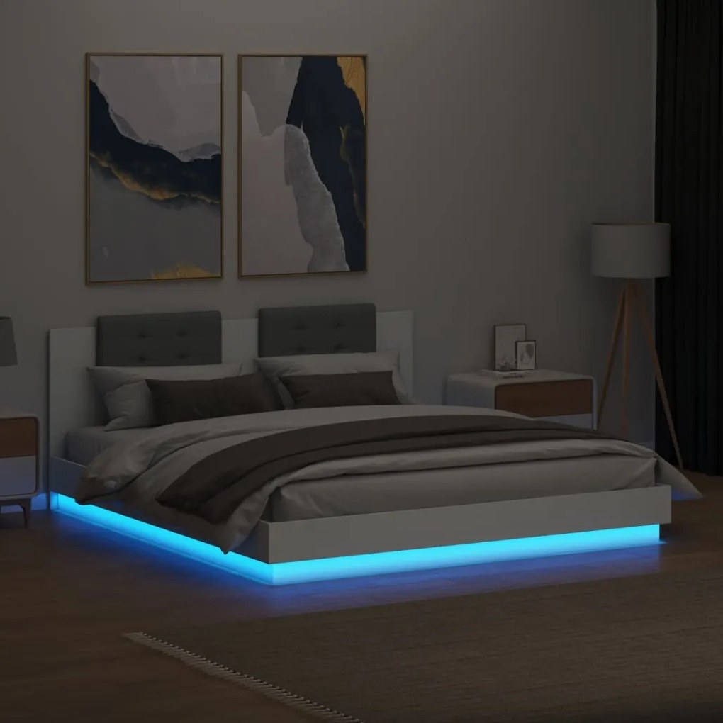 Estrutura de cama com cabeceira e luzes LED 160x200 cm branco