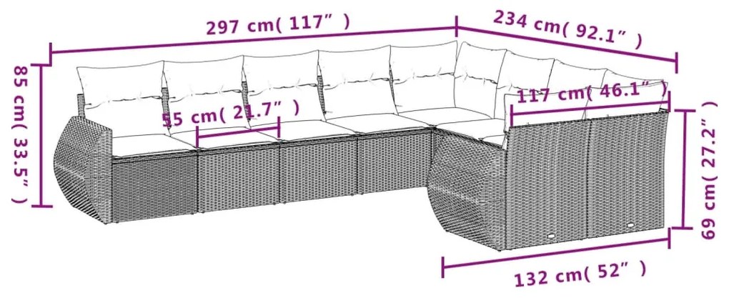 9 pcs conjunto de sofás p/ jardim com almofadões vime PE bege