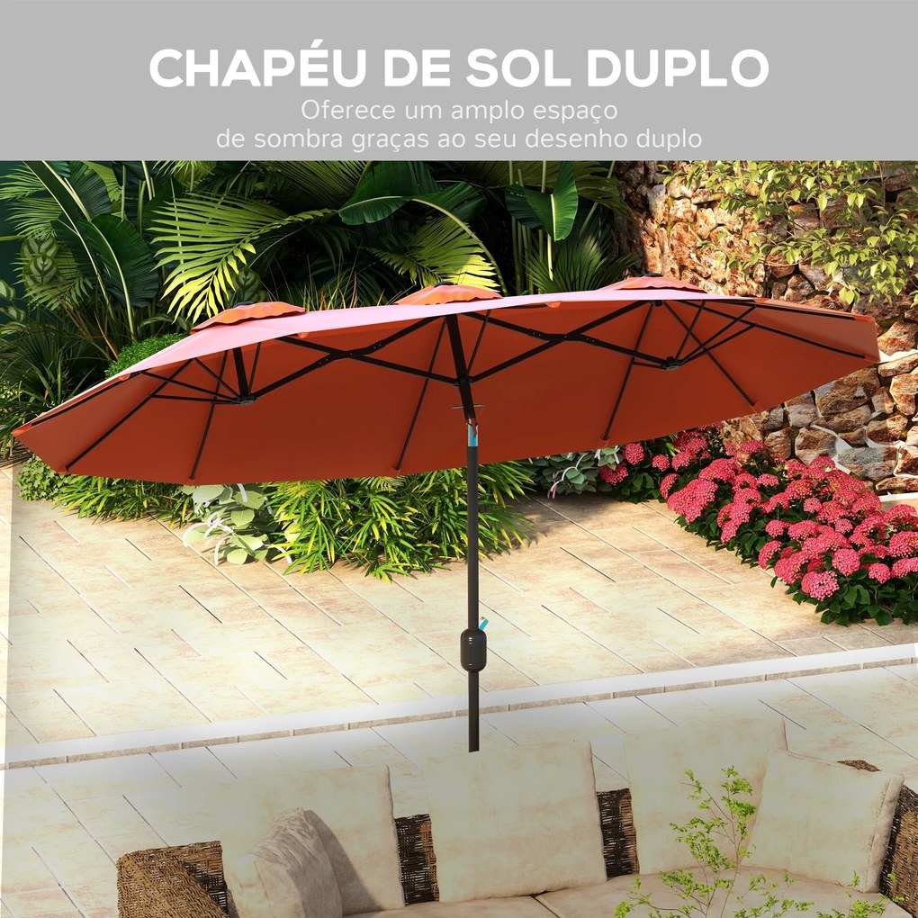 Chapéu de Sol Duplo Chapéu de Sol de Jardim com Inclinação de 45° Manivela Estrutura de Aço 295x152x222 cm Vermelho