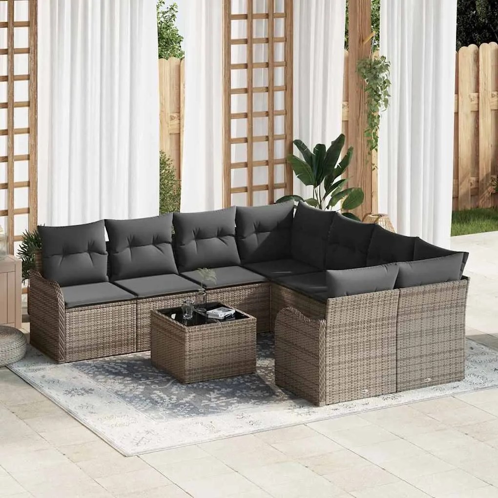 vidaXL Conjunto de sofá de jardim de 9 peças com almofadas cinzas em rattan polipropileno