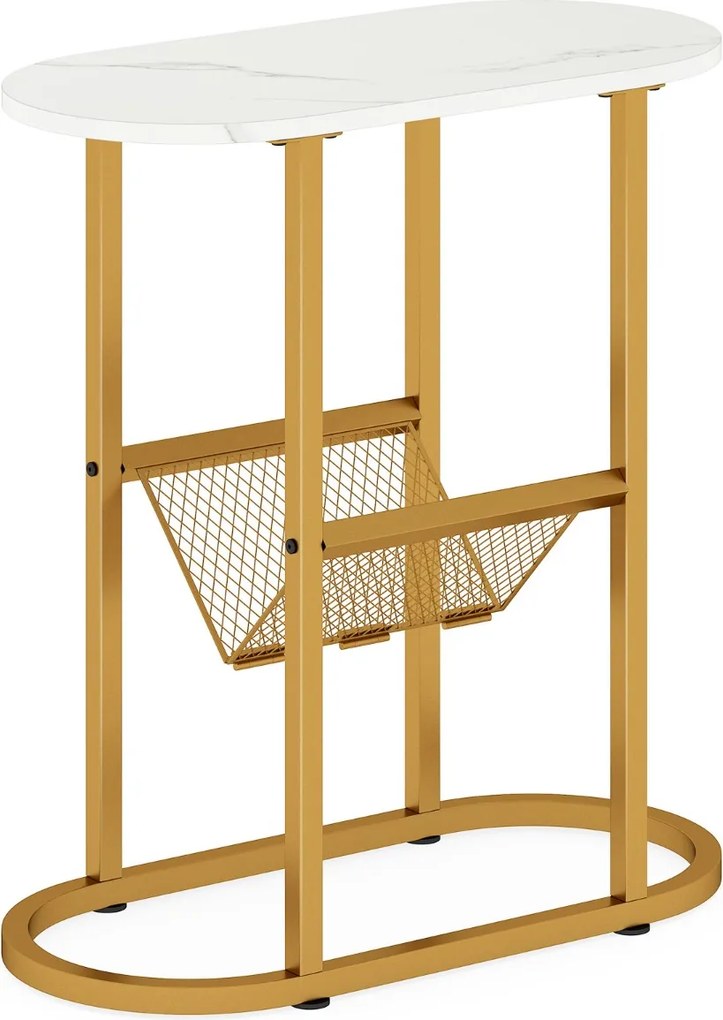 Mesa apoio, mesa de cabeçeira Estreita 60 x 28,5 x 64 cm com Tampo de Imitação Mármore e Suporte para Revistas Estrutura Metálica Dourada e Branco