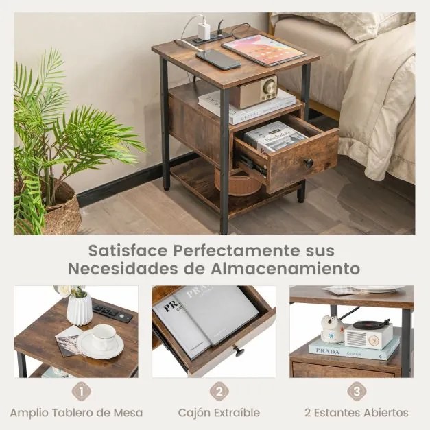 Mesa de cabeceira, mesa apoio de 3 níveis com estação de carregamento com Estante e Gaveta Estrutura Metálica para Quarto Sala de Estar Castanho