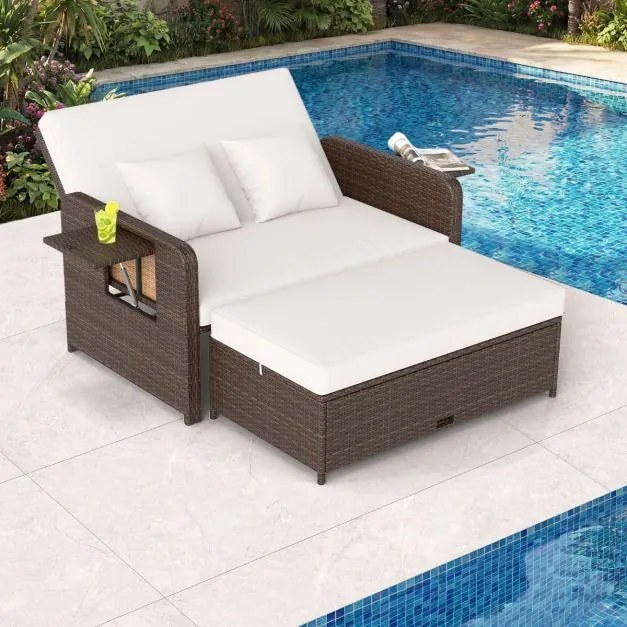 Conjunto de espreguiçadeira e sofá de rattan para jardim, 2 peças, com Pufe com espaço de arrumação, encosto ajustável e mesas dobráveis, castanho + b