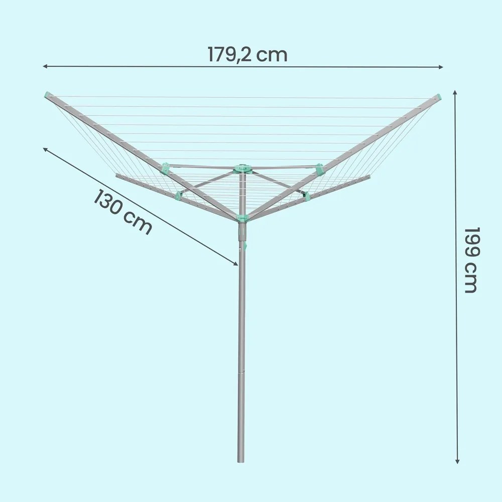 Estendal de roupa giratório 179,2 x 179,2 x 199 cm, 60 m de corda, Prateado