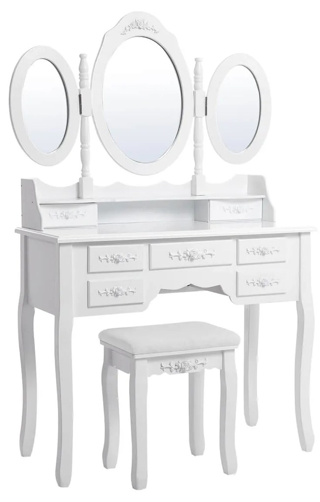 SONGMICS Conjunto de penteadeira luxuosa com 3 espelhos, fixada na parede, com banqueta, 7 gavetas e 2 divisórias, penteadeira RDT91W