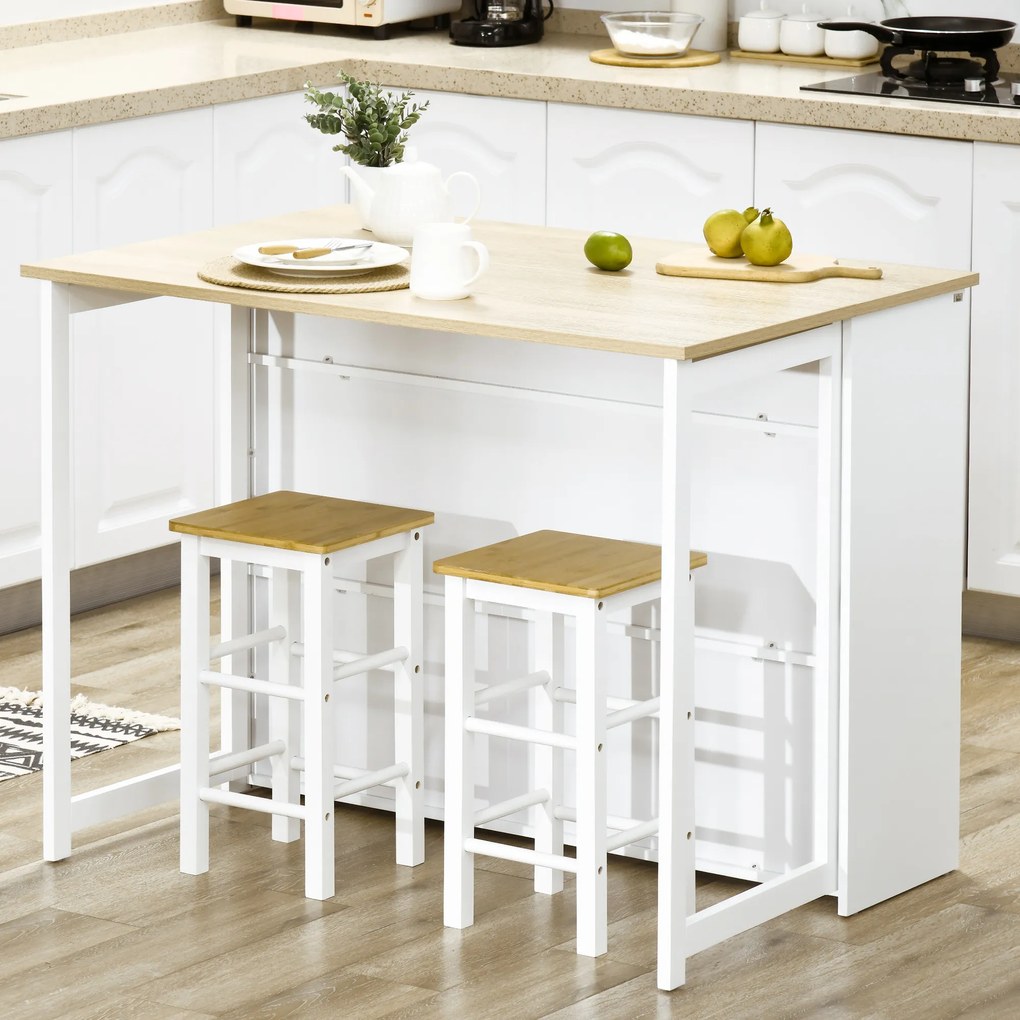 HOMCOM Mesa Alta Extensível com Lateral Dobrável Mesa de Bistró com Compartimentos de Armazenamento e 1 Porta para Cozinha Sala de Jantar 116x79,5x91 cm Branco