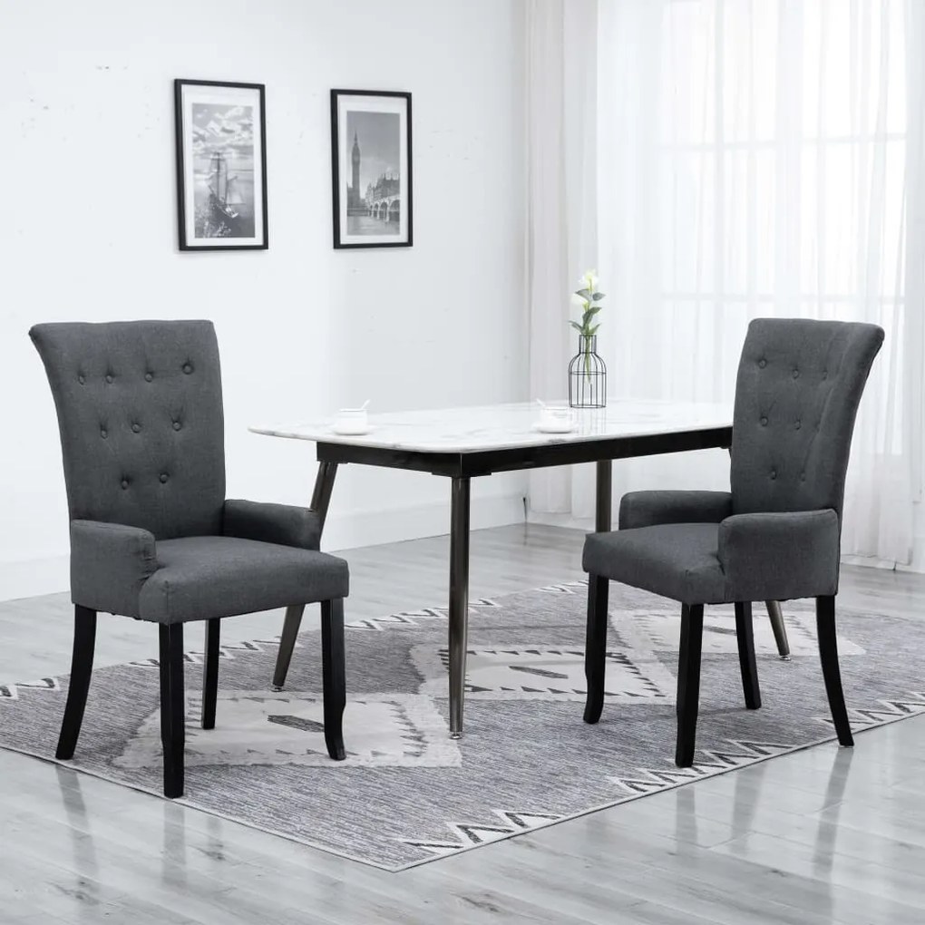 vidaXL Cadeiras jantar c/ apoio de braços 2 pcs tecido cinzento-escuro