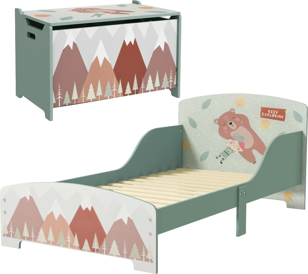 ZONEKIZ Conjunto para Crianças Inclui 1 Cama Infantil de Madeira Carga Máx. 40 kg 143x77x60 cm e 1 Baú de Brinquedos 60x37x39 cm Verde | Aosom Portugal