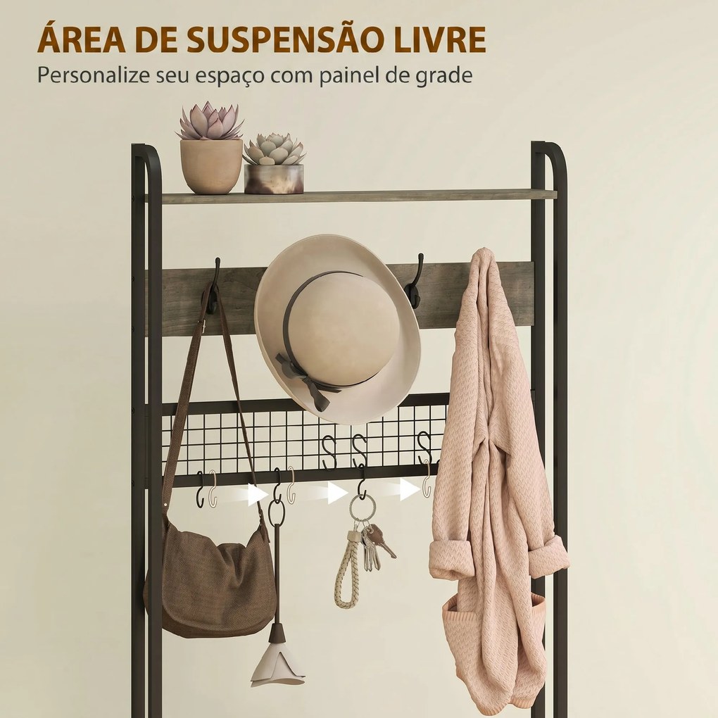 Bengaleiro com Sapateira 5 em 1 com Banco Painel de Grelha Armário 10 Ganchos Prateleira Superior e Estrutura em Aço Cinza