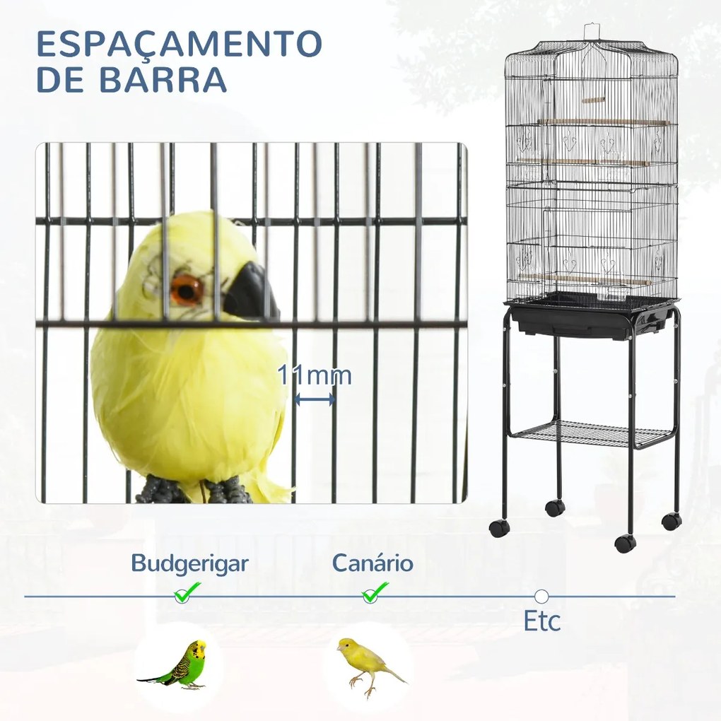 PawHut Gaiola para Passáros com Suporte Gaiola Metálica de Aves Canários com 4 Rodas Portas 4 Comedouros 3 Poleiros Bandeja Removível e
