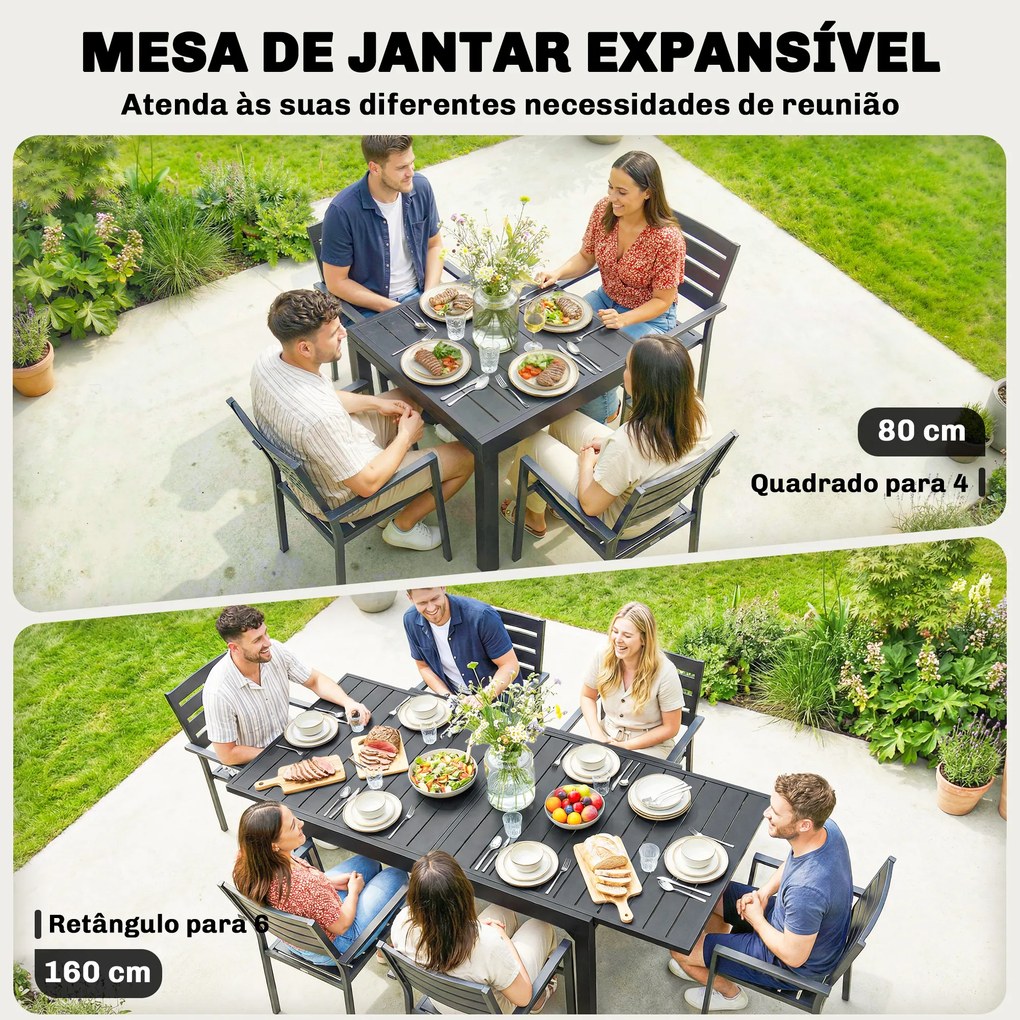 Mesa de Jantar Jardim Extensível 80-160 cm - Mesa de Jardim Retangular para 4-6 Pessoas, Terraço, Preto