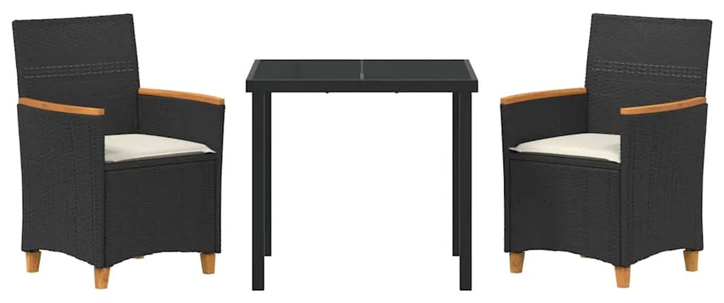 Conjunto de Jantar de Jardim com Almofadas 3 Peças na Cor Preta em Rat