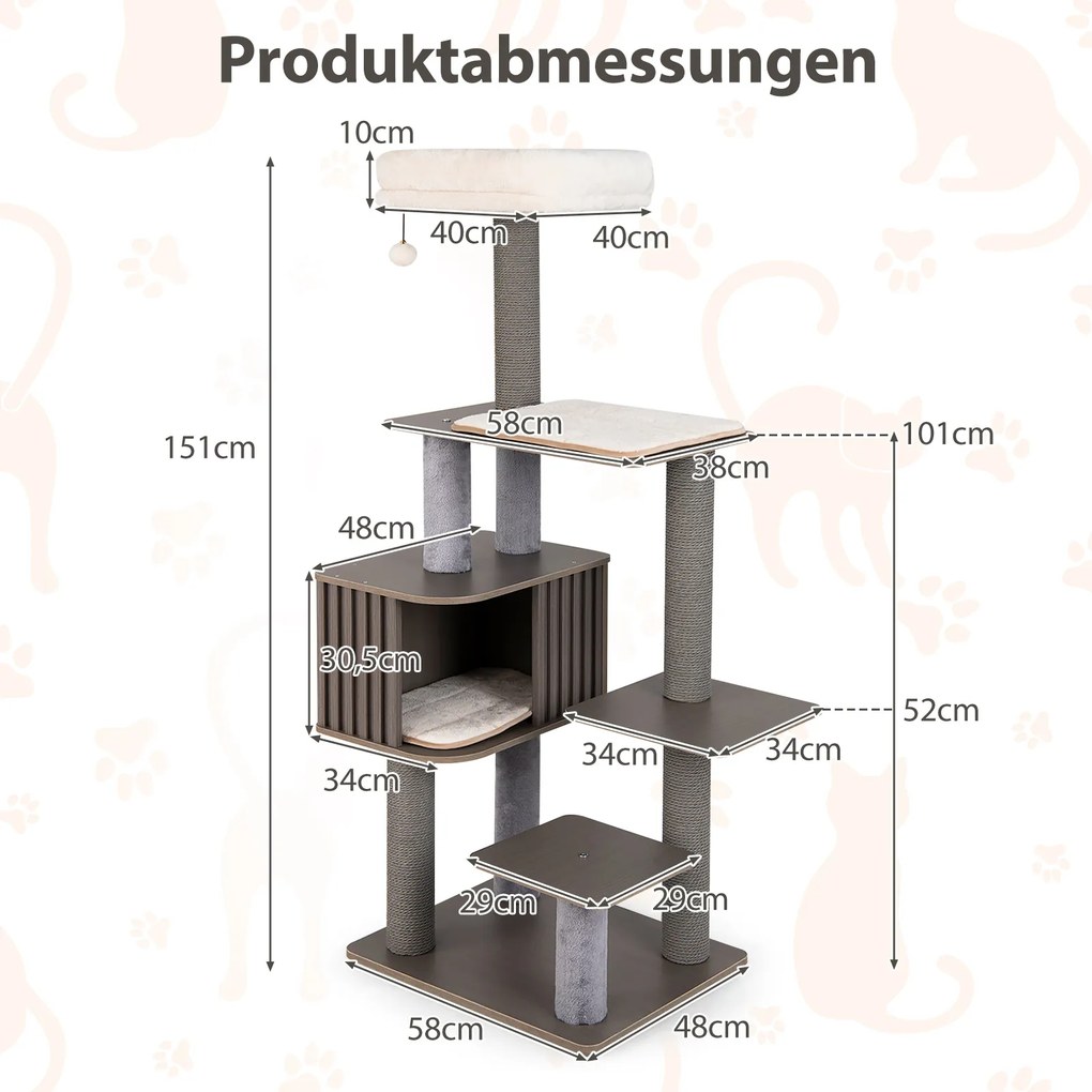 Arranhador de 151cm com caverna para gatos, postes para arranhar, bola e almofadas removíveis