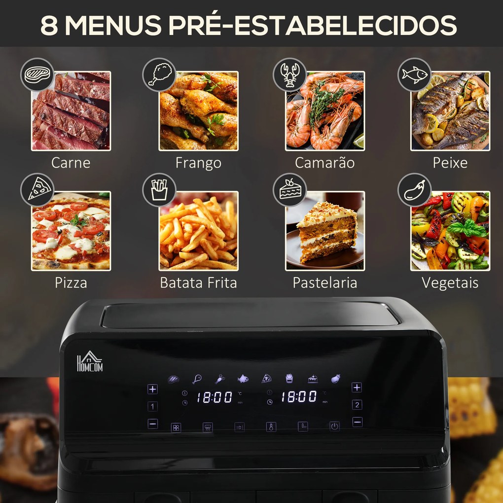 Fritadeira sem Óleo Dupla 8L 2500W com 8 Programas Ecrã LED Tátil Temperatura Ajustável 80-200°C Temporizador e Cesta Antiaderente 38,5x38x30,5 cm Pre