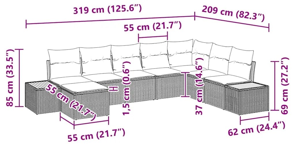 Conjunto de Sofá de Jardim de 8 Peças com Almofadas Bege de Polirattan