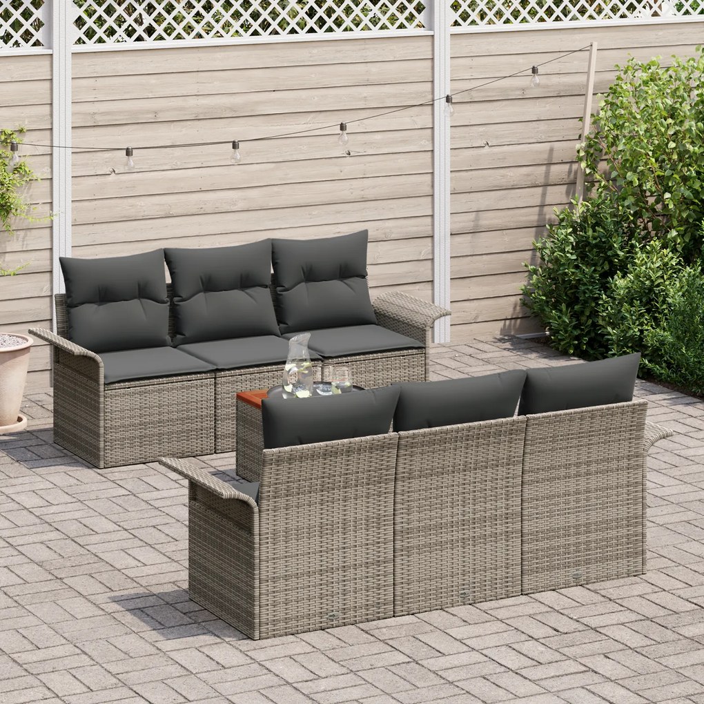 Conjunto de Sofá de Jardim 7 Peças com Almofadas Cinza de Rattan Polie