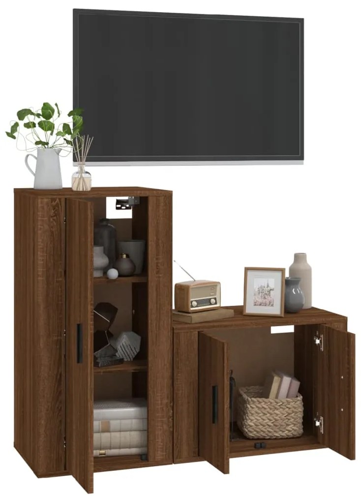 Conjunto móveis de TV 2pcs madeira processada carvalho castanho